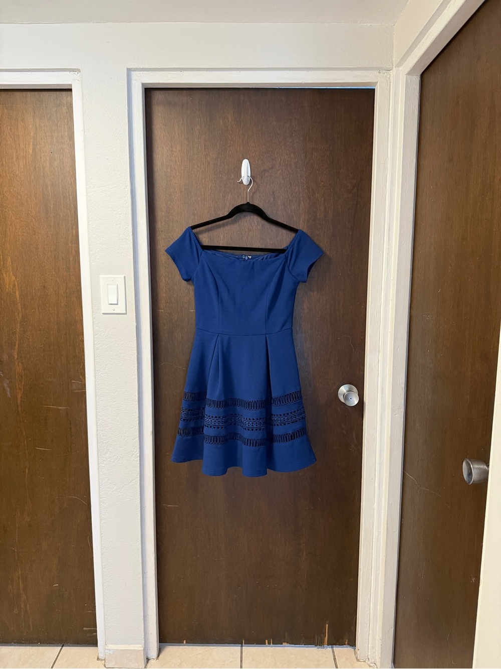 Francesca’s Blue Fit & Flare Dress Lace Trim Off Shoulder Lined Size S